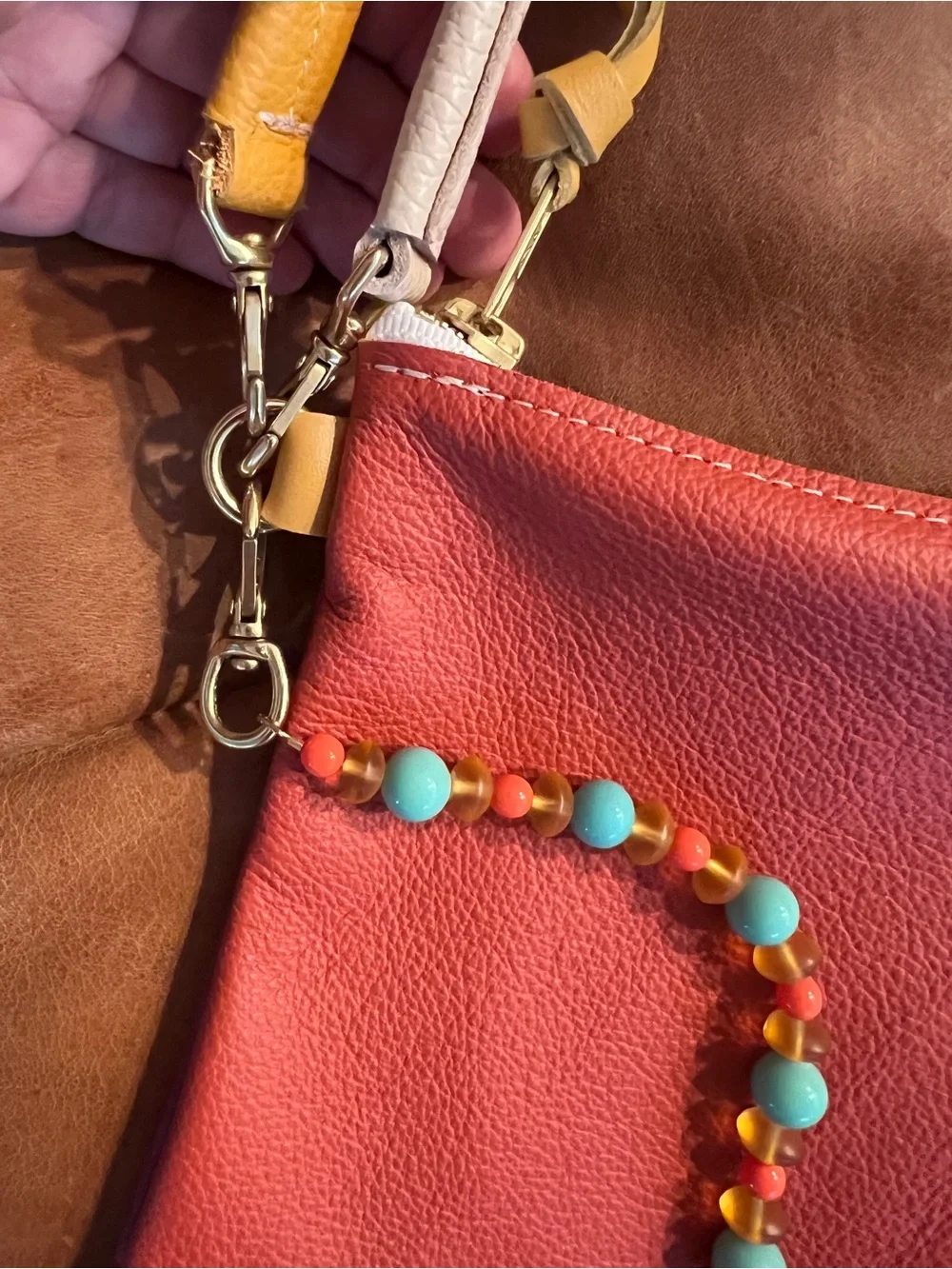 Baqette Leather Crossbody Bag with 2 Straps and Decorative Beadshop Brand Strap